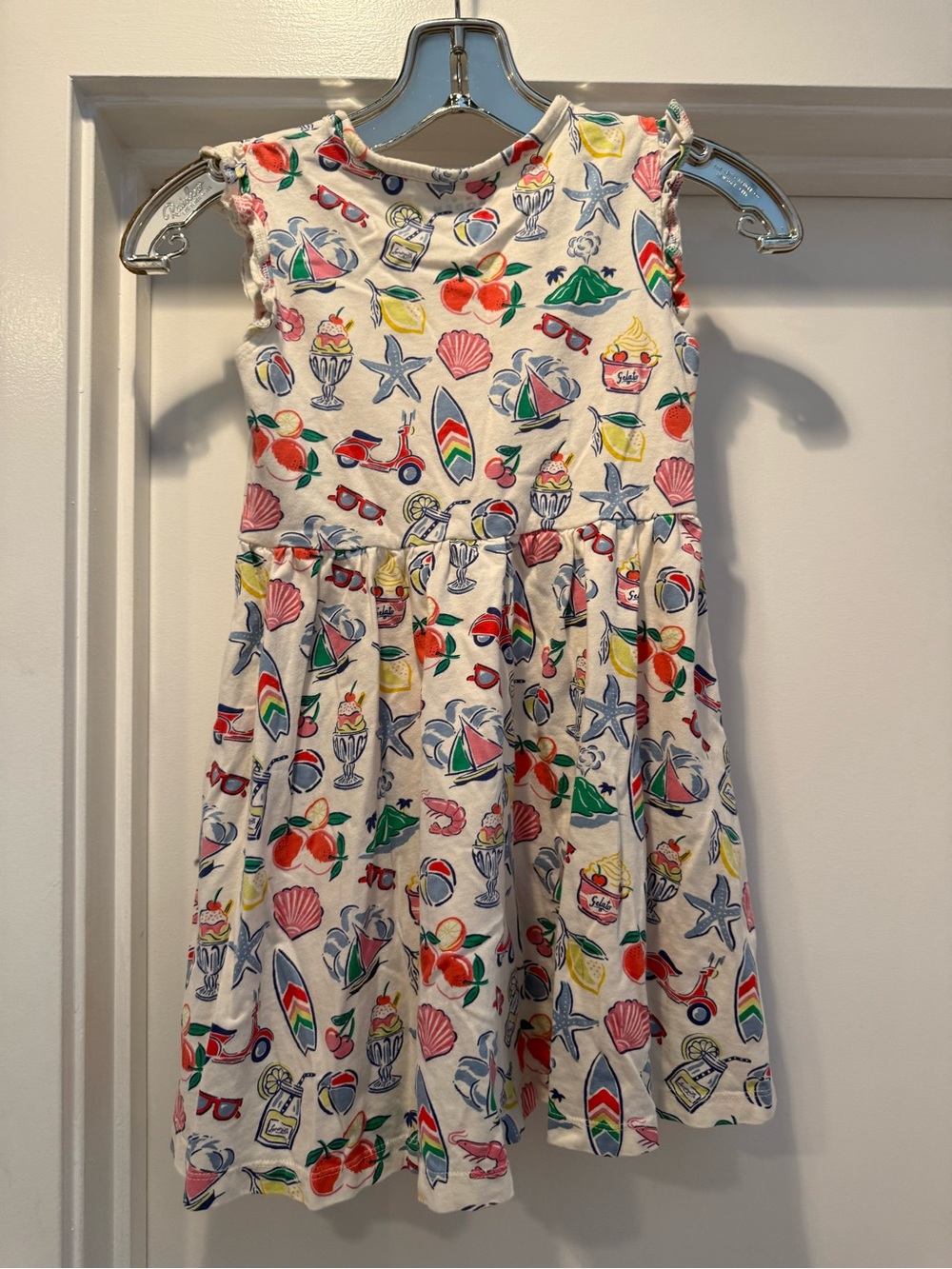 Mini Boden Cream Dress with Multicolor Summer Motifs, Size 7/8